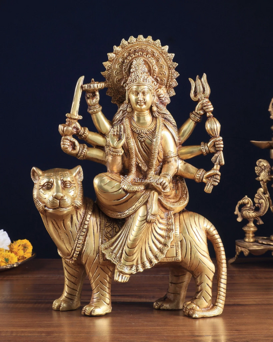 Brassaura™ 12-Inch Pure Brass Sherawali Mata Idol – 4.8kg – Handcrafted Durga Statue on Tiger for Strength & Protection