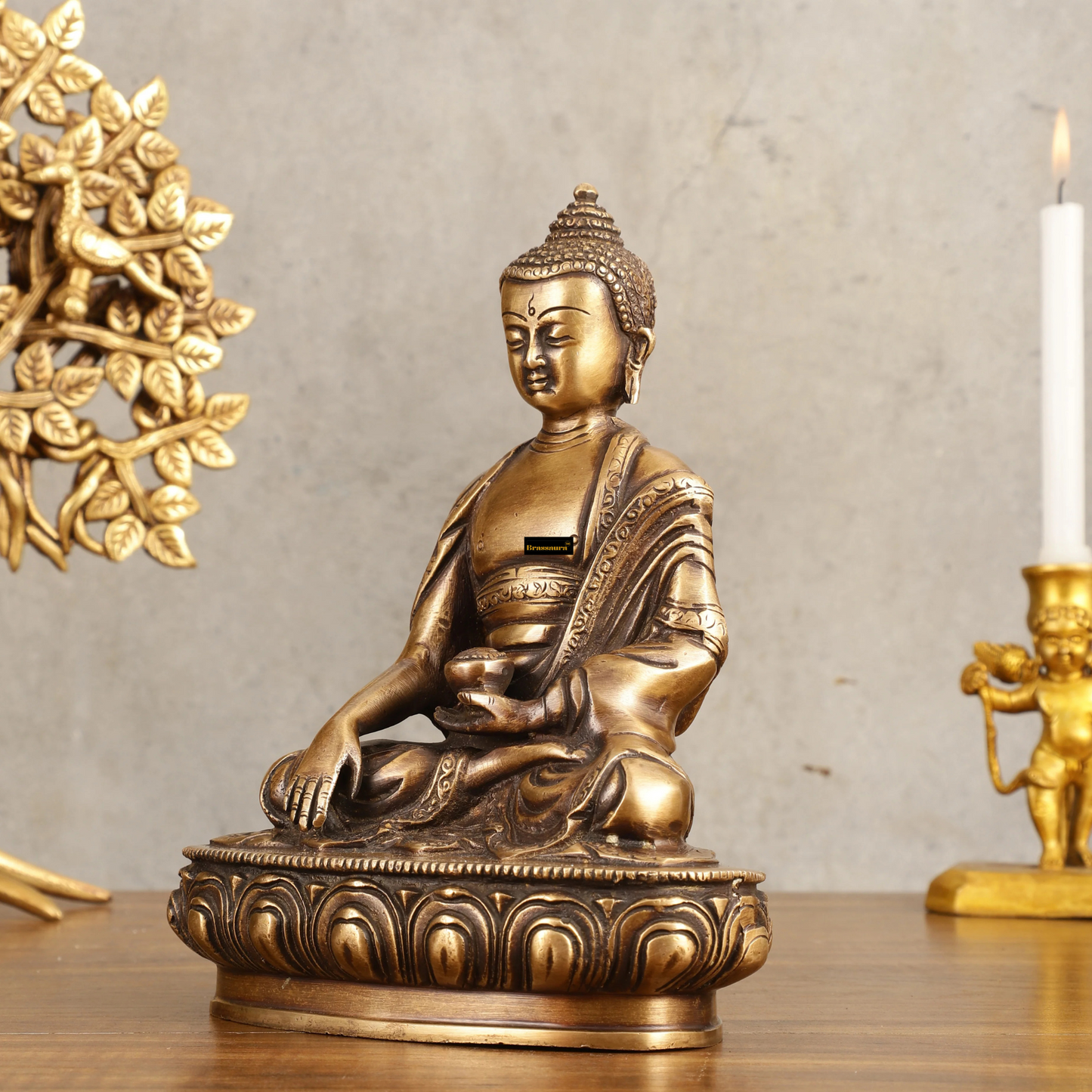 Brassaura™ Pure Brass Buddha Statue in Antique Finish – Height 8 Inches, Weight 2.25 Kgs