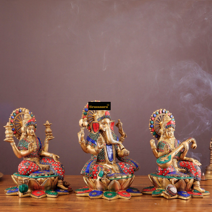 Brassaura™ Brass Gemstone Work Ganesha, Lakshmi & Saraswati Idol Set – 12 Inch Height | 19 kg | Multi-Coloured | Spiritual Home & Diwali Décor Gift