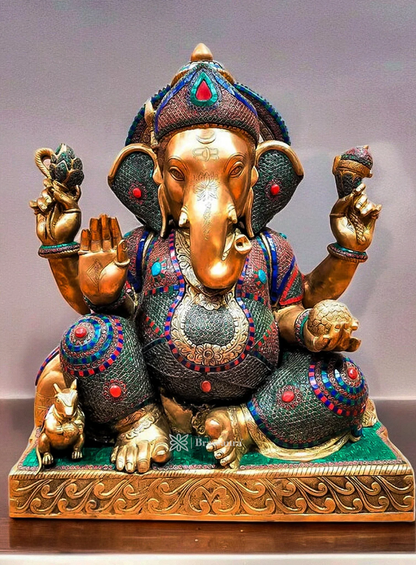 Brassaura™ Majestic Pure Brass Ganesha Statue with Meenakari Stonework – 33 Inch Height | 85 kg | Auspicious & Wise