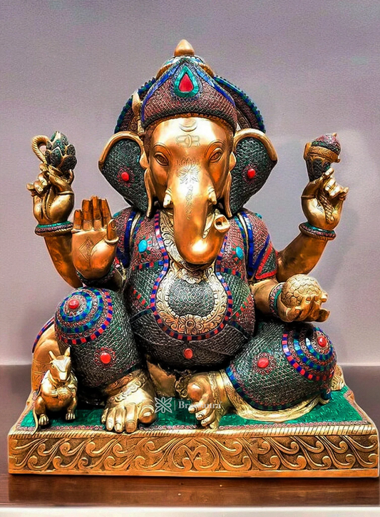 Brassaura™ Majestic Pure Brass Ganesha Statue with Meenakari Stonework – 33 Inch Height | 85 kg | Auspicious & Wise