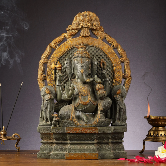 Brassaura™ Handmade Brass Lord Ganesha – Antique Finish with Riddhi Siddhi & Shivling | Height 18 Inches, Weight 14 Kgs