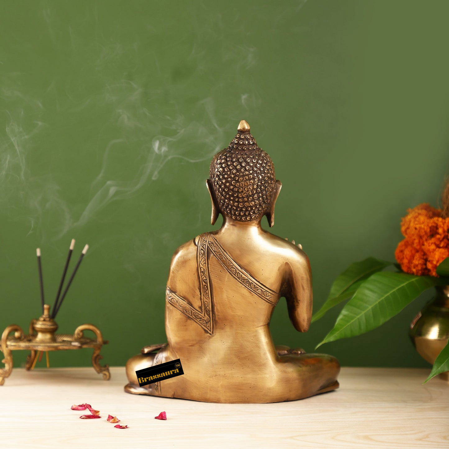 Brassaura™ Smooth Matte Gold Brass Buddha Statue – Abhaya Mudra – Height 10.5 Inches, Weight 5.5 Kgs
