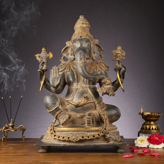 Brassaura™ Ganesha Brass Sculpture – Antique Sandstone Finish | Height 20.5 Inches, Weight 23.3 Kgs