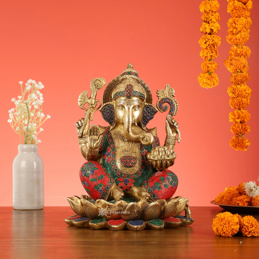 Brassaura™ Brass Handcrafted Ganapati on Lotus with Meenakari – Height 12 Inches, Weight 10 Kgs
