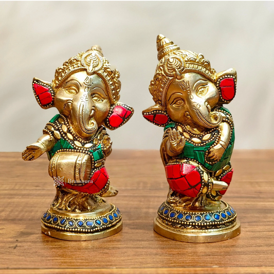 Brassaura™ Set of Baby Brass Ganesha Idols – Height 5 Inches, Total Weight 2.5 Kgs
