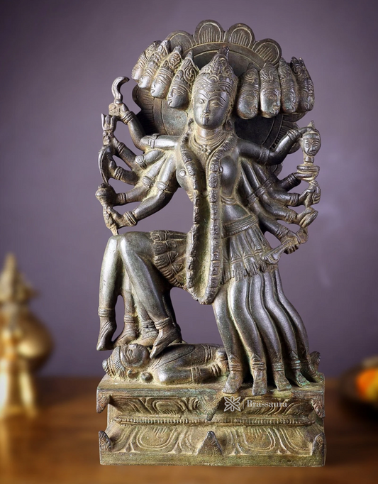 Brassaura™ Mahakali Brass Idol – 10 Heads | 10kg | 15" Height – Handcrafted | Vintage Finish