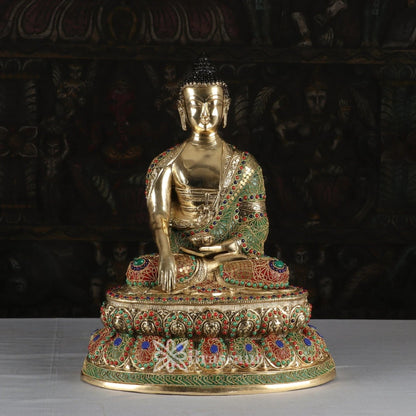 Brass Bhumisprasa Gem Stone Work Buddha Weight 11.5 kg & Height 19 Inch