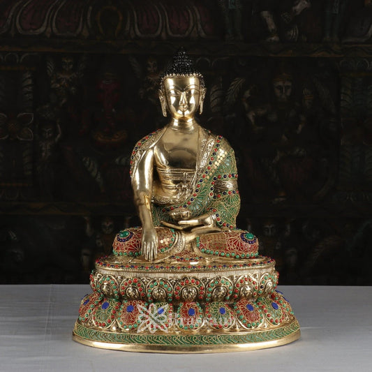 Brass Bhumisprasa Gem Stone Work Buddha Weight 11.5 kg & Height 19 Inch