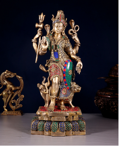 Brass Gem Stone Work Aardhnareshwar Idol for Home and Decor | Weight 10 Kg Height 19 inch | Multi-Coloured