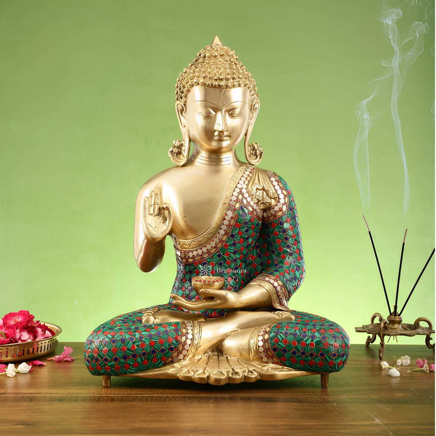 Brassaura™ Pure Brass Buddha Idol – Abhaya Mudra with Medicine Bowl – Height 20 Inches, Weight 20 Kgs