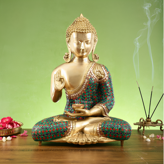 Brassaura™ Pure Brass Buddha Idol – Abhaya Mudra with Medicine Bowl – Height 20 Inches, Weight 20 Kgs