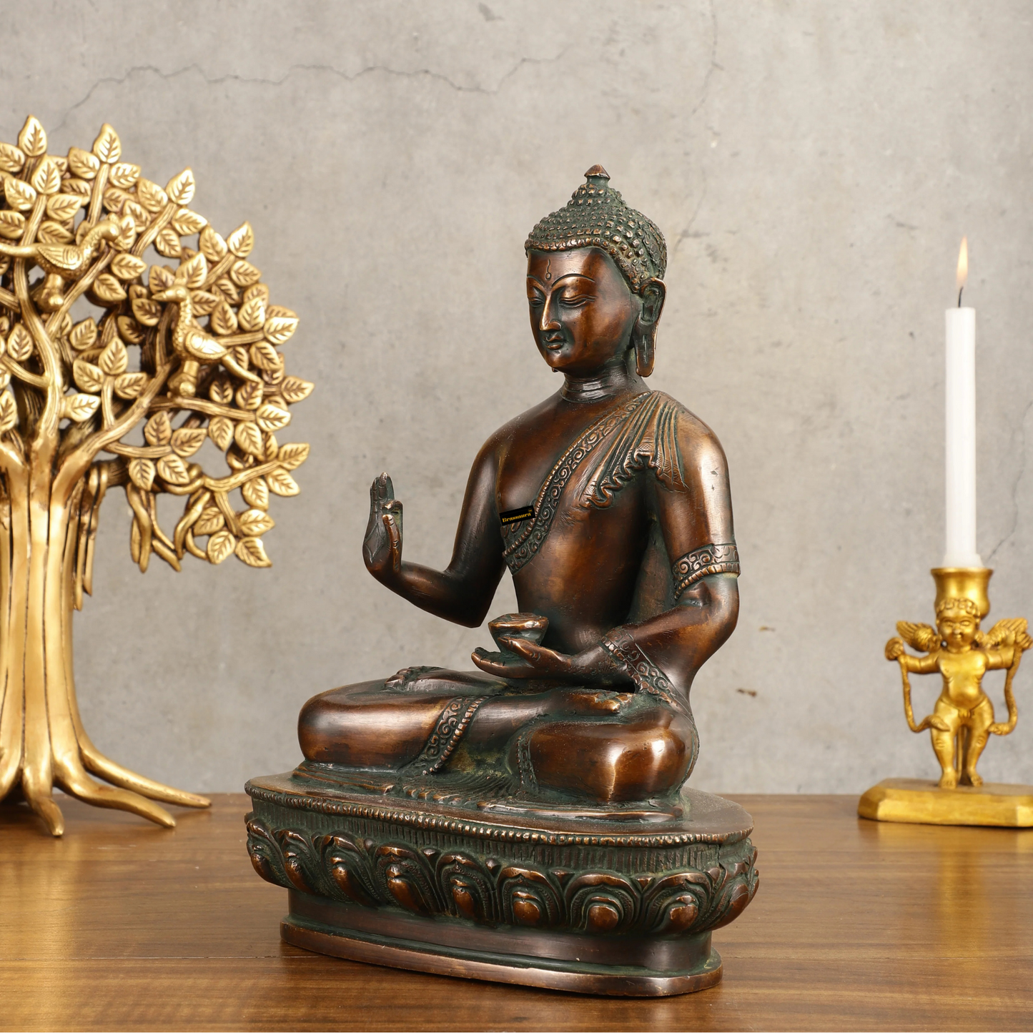Brassaura™ Pure Brass Buddha Blessing Mudra Statue in Antique Tone – Height 10 Inches, Weight 3.61 Kgs