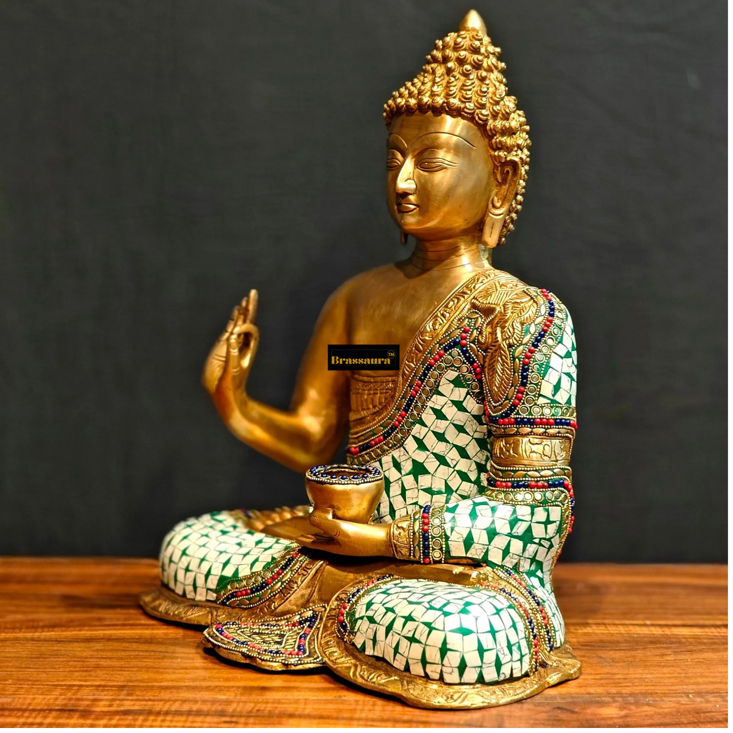 Brassaura™ Pure Brass Lord Buddha Statue in Aashirwaad Abhaya Mudra with Medicine Bowl – Height 17 Inches, Weight 11 Kgs
