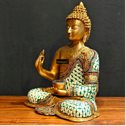 Brassaura™ Pure Brass Lord Buddha Statue in Aashirwaad Abhaya Mudra with Medicine Bowl – Height 17 Inches, Weight 11 Kgs