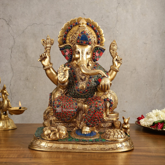 Brassaura™ Superfine Brass Ganesha Idol with Fruit Bowl & Modak Thali | 13" Height | 12 Kg | Intricate Stonework