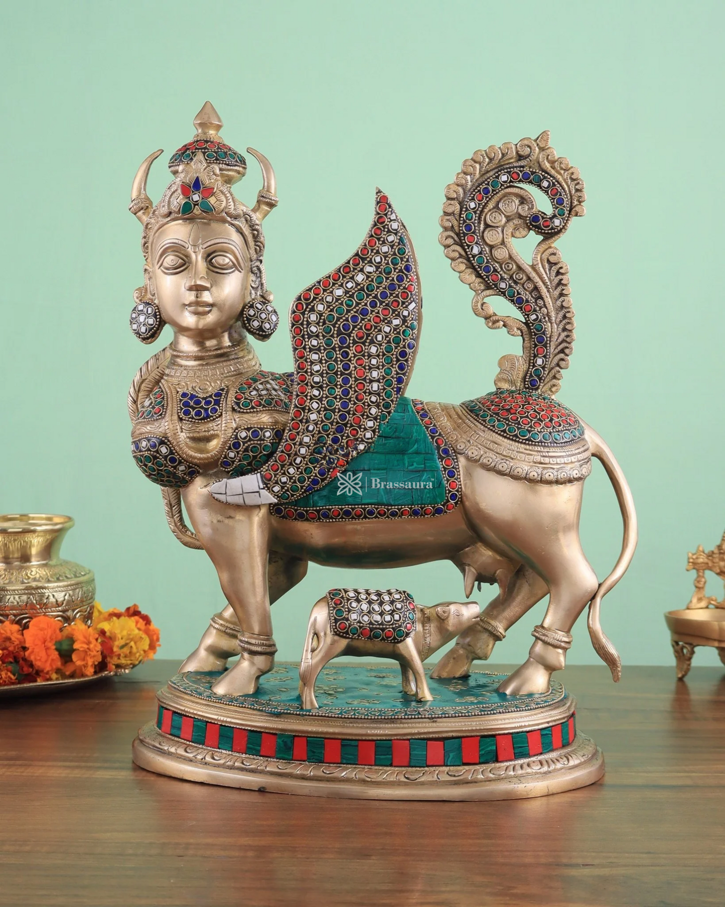 Brassaura™ Brass Kamdhenu Cow Statue with Meenakari Stonework | 16.5 Inches Height | 16 Kgs Weight | Divine Symbol of Grace & Prosperity