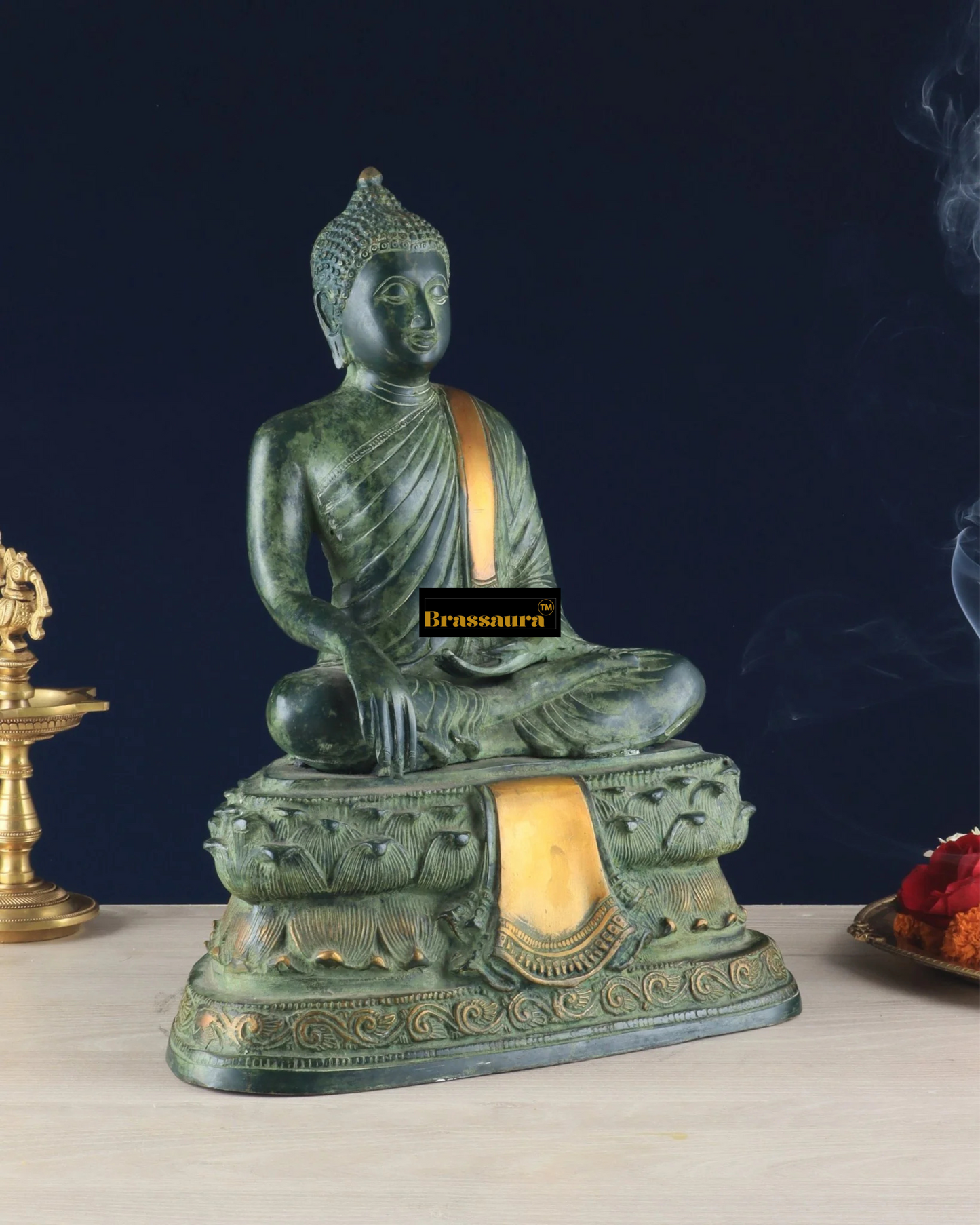 Brassaura™ Pure Brass Blessing Buddha Idol – Height 15 Inches, Weight 7.43 Kgs