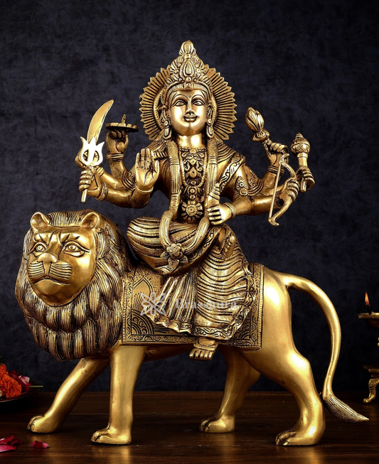 Brassaura™ Superfine Brass Sherawali Mata (Goddess Durga) Idol – 12kg, 17-Inch – Handcrafted Statue with Antique Finish for Spiritual Décor