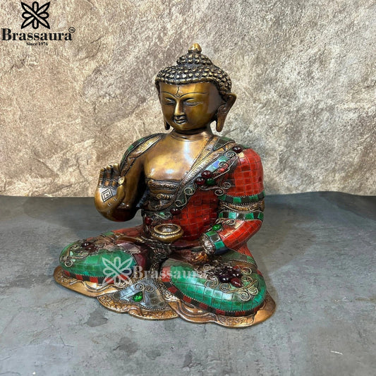 Brassaura® Buddha Sitting in Blessing Mudra Idol with Red & Green Gem Stone Work Finish | Pure Superfine Brass Handcrafted Murti | Brass Statue for Home Temple, Pooja Room | Height 11.5 Inches | Weight 5.3 Kgs