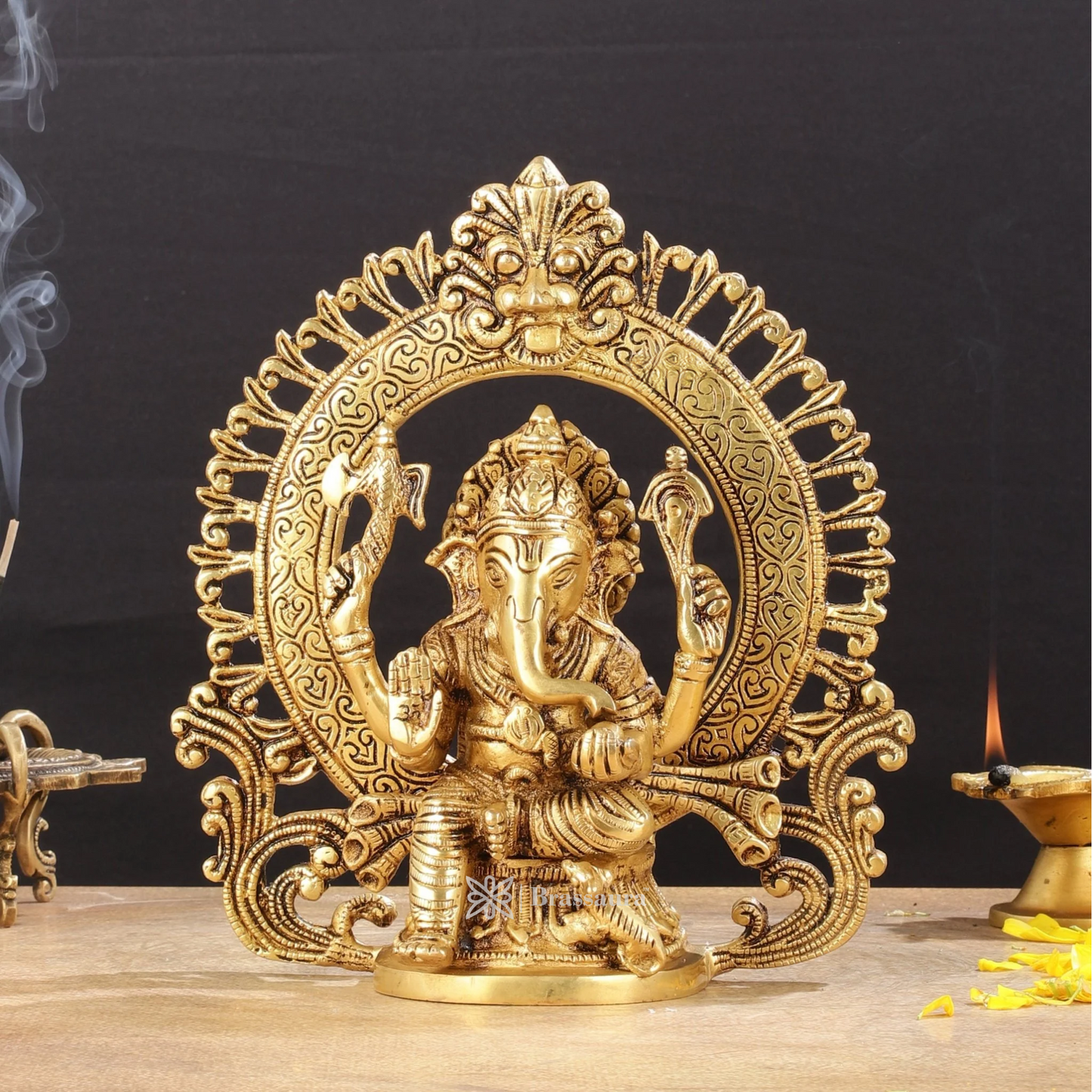 Brassaura™ Brass Lord Ganesha Idol with Arch Prabhavali – Height 9 Inches, Weight 2.6 Kgs