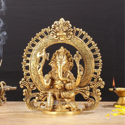 Brassaura™ Brass Lord Ganesha Idol with Arch Prabhavali – Height 9 Inches, Weight 2.6 Kgs