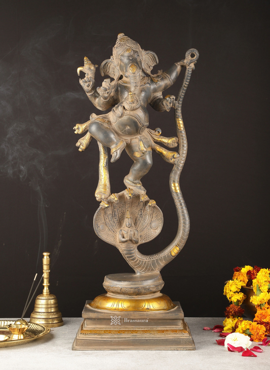 Brassaura™ Brass Dancing Ganapathi on Vasuki Naga – Antique Sandstone Finish | Height 26.5 Inches, Weight 18 Kgs