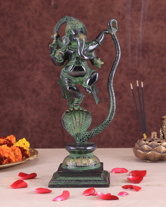 Brassaura™ Brass Dancing on Snake Lord Ganesha Statue – 11.5" Height, 3.25 kg – Unique Antique Black & Green Finish