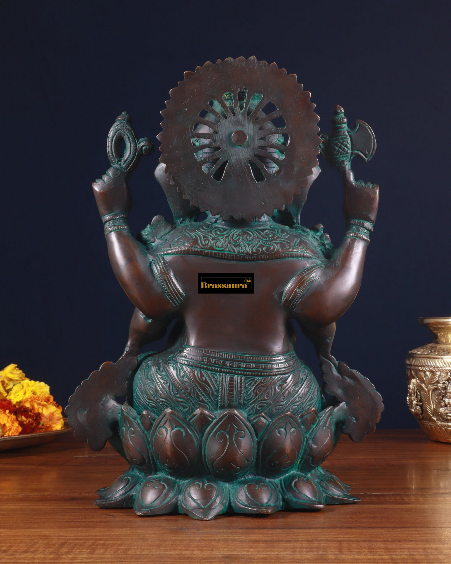 Brassaura™ Handcrafted Pure Brass Ganesha Idol with Bronze & Mud Green Patina – 12.25" Height, 8 kg – Lotus Base Divine Décor