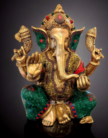 Brassaura™ Pure Brass Ganesha Statue with Meenakari Stonework – Height 20 Inches, Weight 22 Kgs
