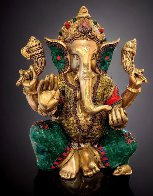 Brassaura™ Pure Brass Ganesha Statue with Meenakari Stonework – Height 20 Inches, Weight 22 Kgs