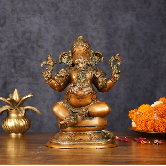 Brassaura™ Pure Brass Chola Ganesha Statue – 12 Inch Height | 5.5 kg | Antique Bronze Finish | Artistic & Spiritual Home Décor