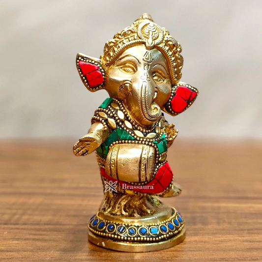 Brassaura™ Mini Brass Ganesha Idol – Height 5 Inches, Weight 1 Kg