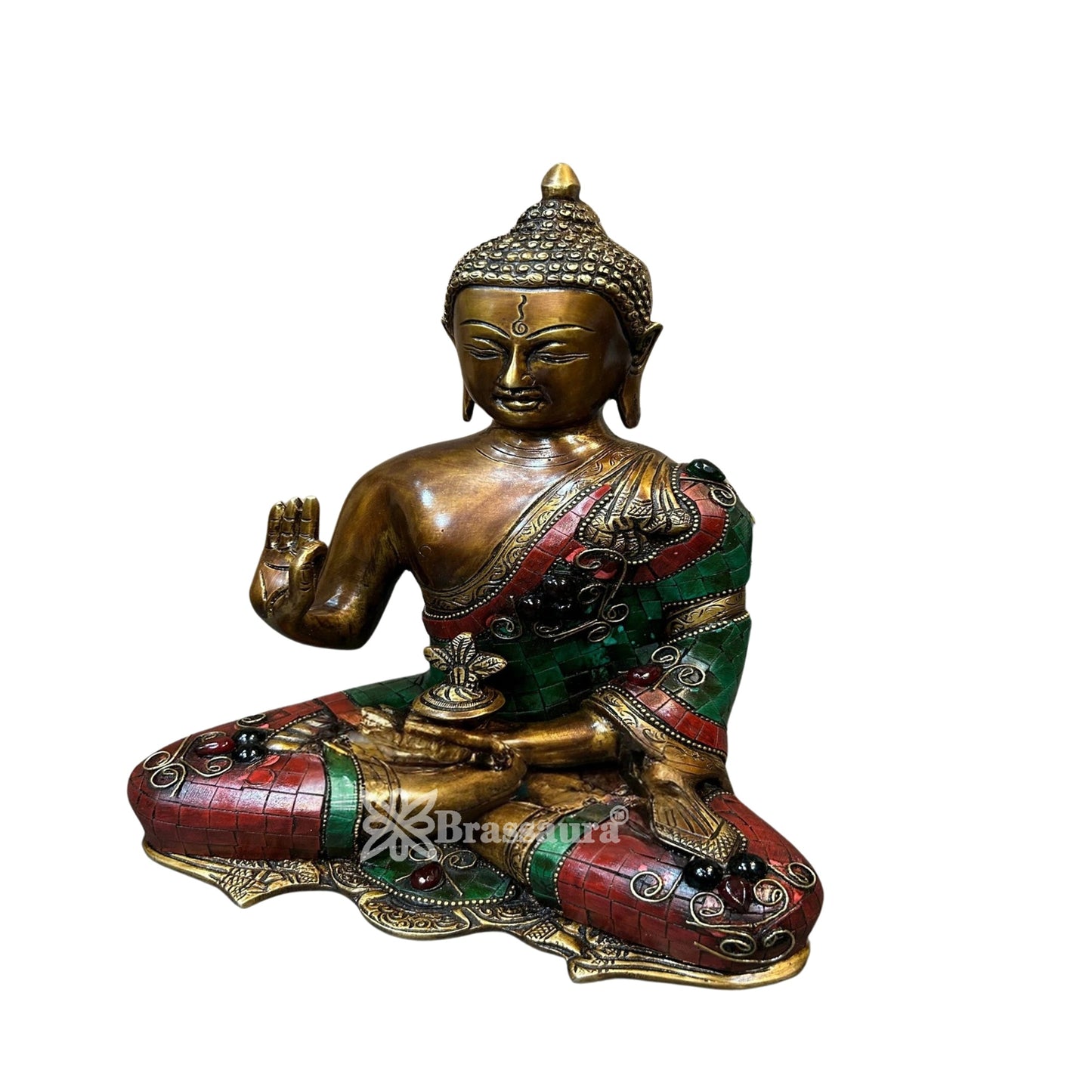 Brass Blessing Gem Stone Work Buddha Weight 4.4 kg & Height 10.5 Inch