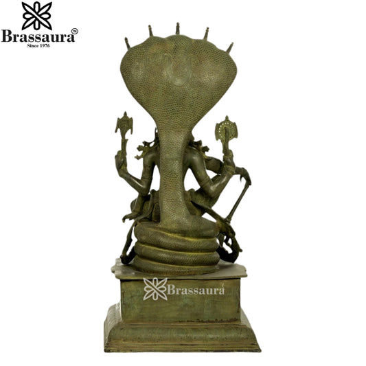 Brassaura® Antique Finish Vishnu Sitting on Sheshnag Brass Statue | Pure Brass | Height 28 Inches