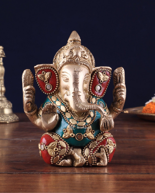 Brassaura™ Small Pure Brass Lord Ganesha Idol – 5 Inch Height | 0.8 kg | Intricate Stonework | Spiritual Home & Office Décor