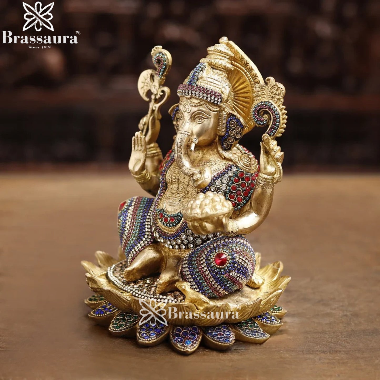 Brass Gem Stone Work Ganesha Weight 5.4 Kg & Height 9.5 Inch