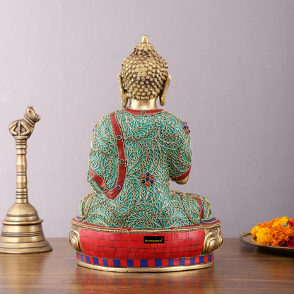 Brassaura™ Brass Buddha Statue with Stonework – Height 12 Inches, Weight 5.5 Kgs