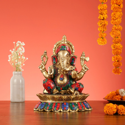 Brassaura™ Brass Lord Ganesha on Lotus Idol with Meenakari – Height 11 Inches, Weight 7 Kgs