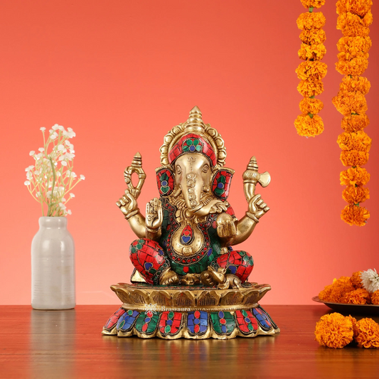 Brassaura™ Brass Lord Ganesha on Lotus Idol with Meenakari – Height 11 Inches, Weight 7 Kgs