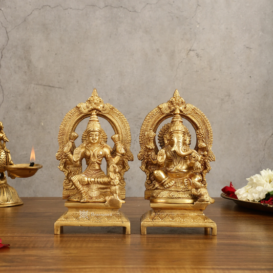 Brassaura™ Pure Brass Ganesha & Goddess Lakshmi Idol Set | Ganesha 7" H | Lakshmi 7.5" H | Total Weight 5 Kg | Spiritual Decor