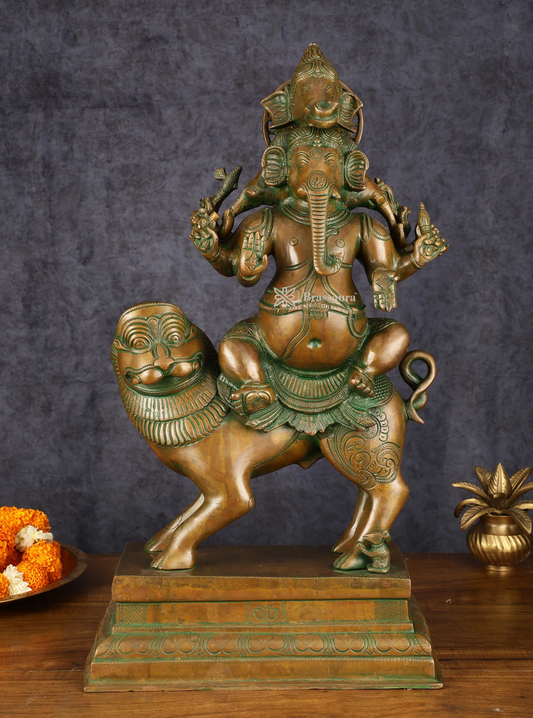 Brassaura™ Heramba Ganapati Brass & Copper Idol – 22.5 Inch Height | 25 kg | Antique Bronze Patina | Five-Headed Ganesha with Lion Vahana
