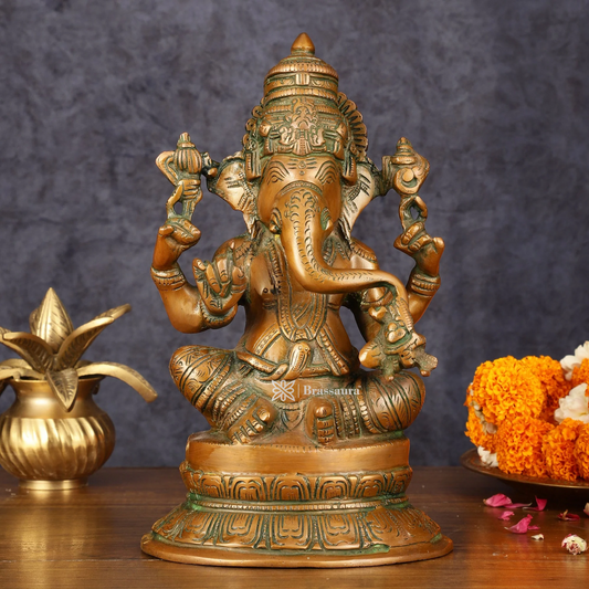 Brassaura™ Superfine Brass Ganesha Idol – 12 Inch Height | 4.6 kg | Antique Bronze Finish | Divine & Artistic Murti for Home Temple