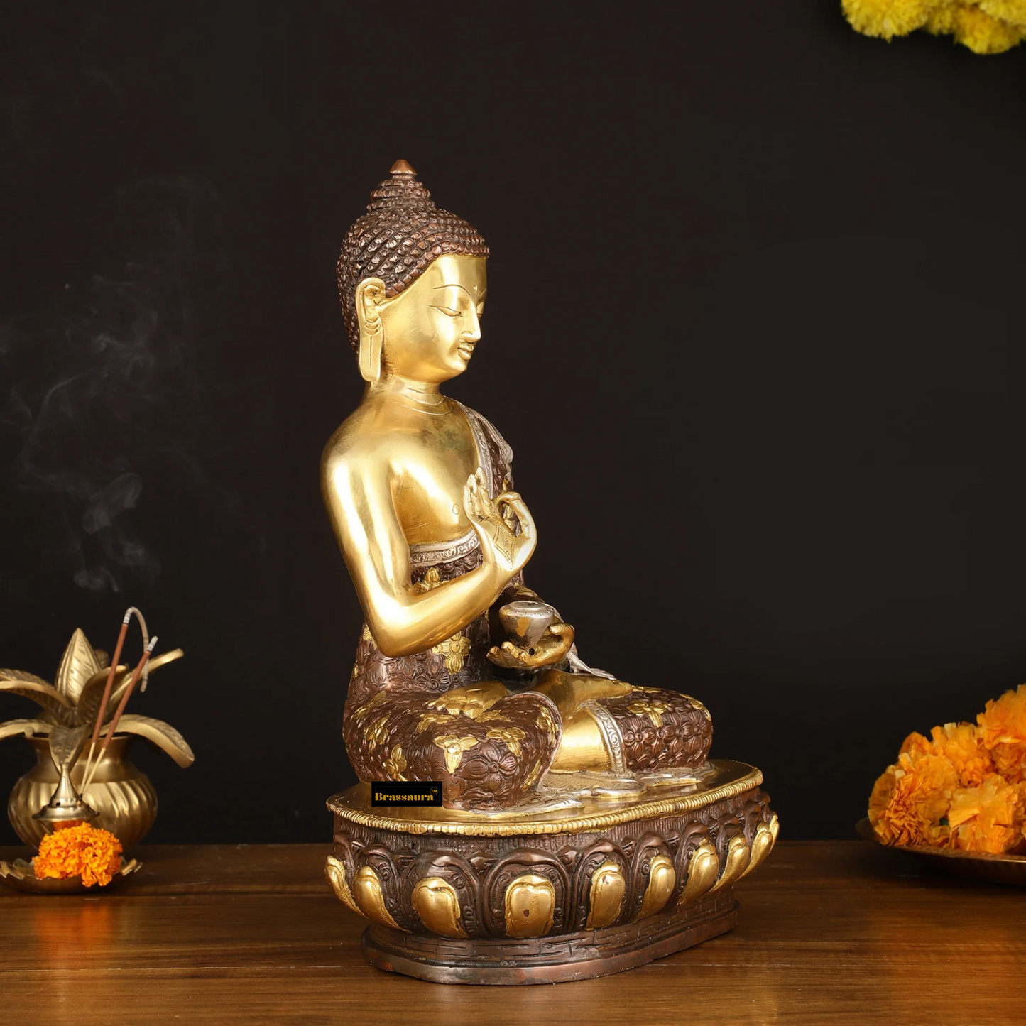 Brassaura™ Pure Brass Buddha Sculpture – Height 13 Inches, Weight 6.66 Kgs
