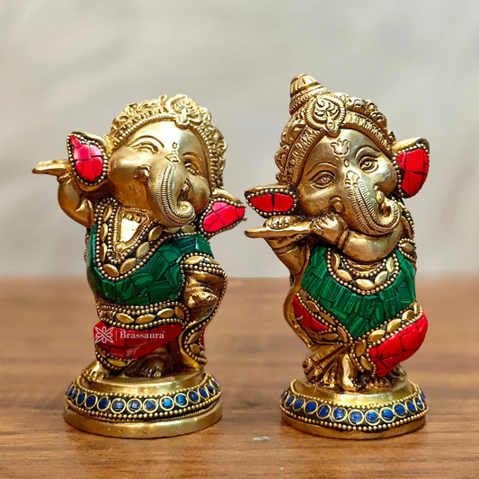 Brassaura™ Set of Baby Brass Ganesha Idols – Height 5 Inches, Total Weight 2.5 Kgs