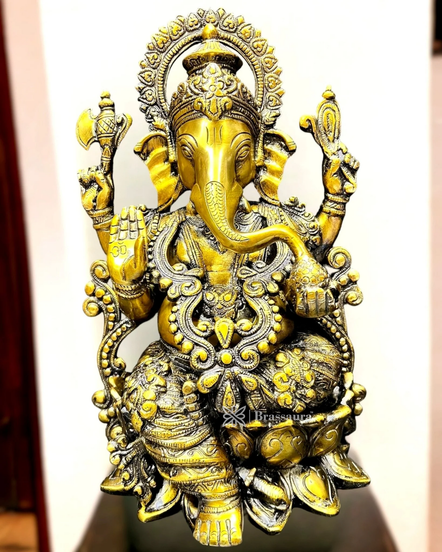 Brassaura™ Pure Brass Ganesha Idol on Lotus Base – Height 12 Inches, Weight 8 Kgs