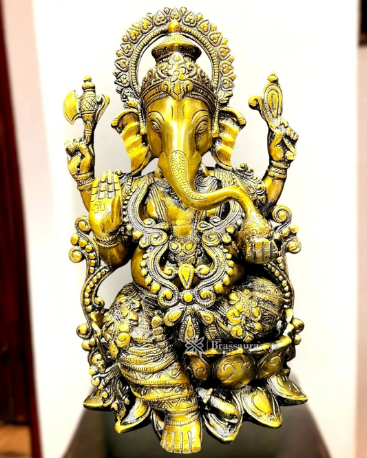 Brassaura™ Pure Brass Ganesha Idol on Lotus Base – Height 12 Inches, Weight 8 Kgs