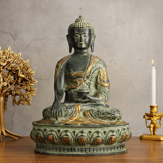 Brassaura™ Pure Brass Buddha in Bhumisparsha Mudra – Antique Sand Finish – Height 15.5 Inches, Weight 7.81 Kgs