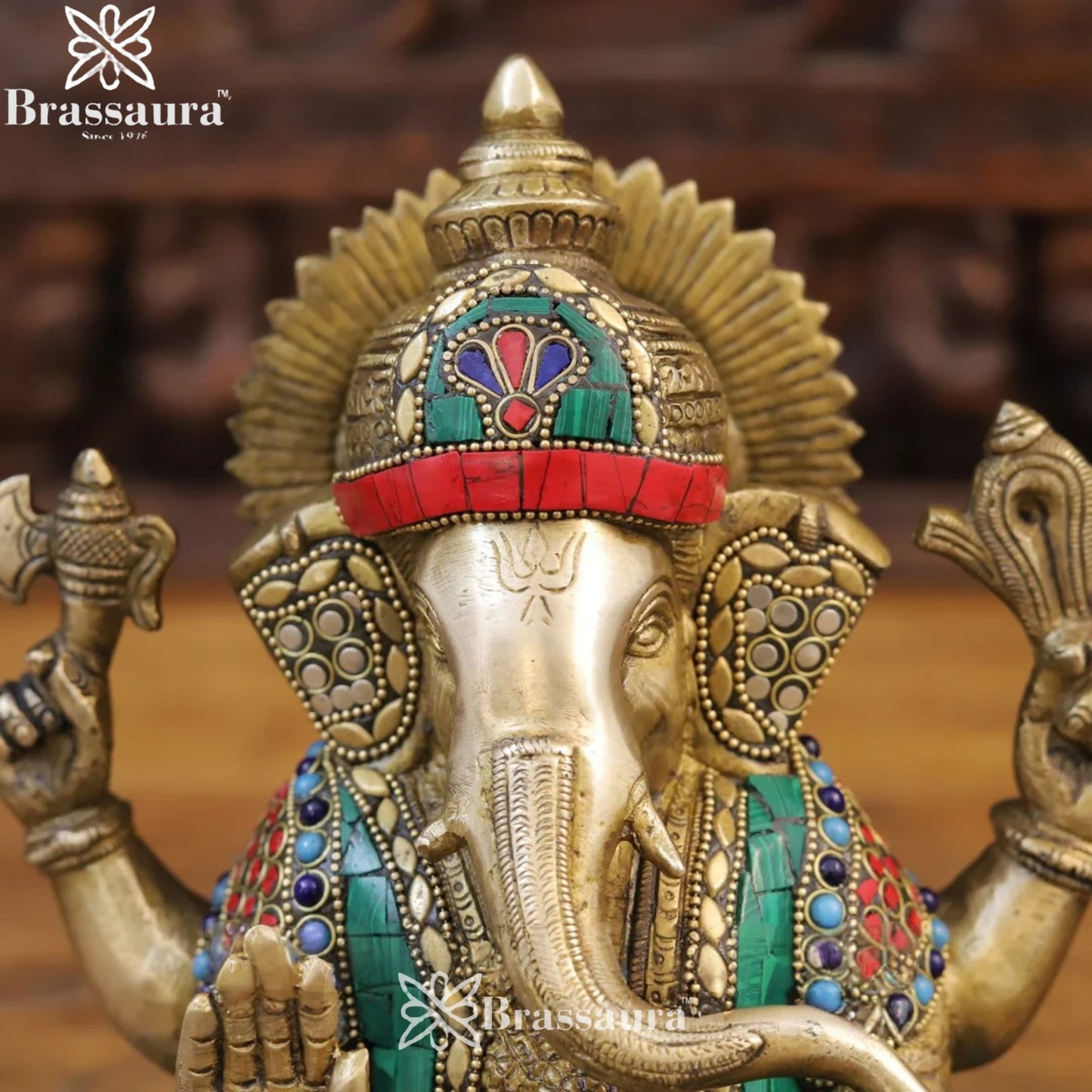 Brass Gem Stone Work Ganesha Weight 5.1 Kg & Height 9 Inch