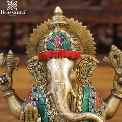 Brass Gem Stone Work Ganesha Weight 5.1 Kg & Height 9 Inch